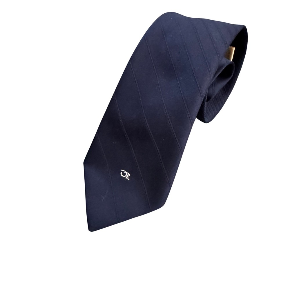 Oscar de‎ la Renta Mens Navy Blue Ribbed Silk Necktie Embroidered Logo Vintage